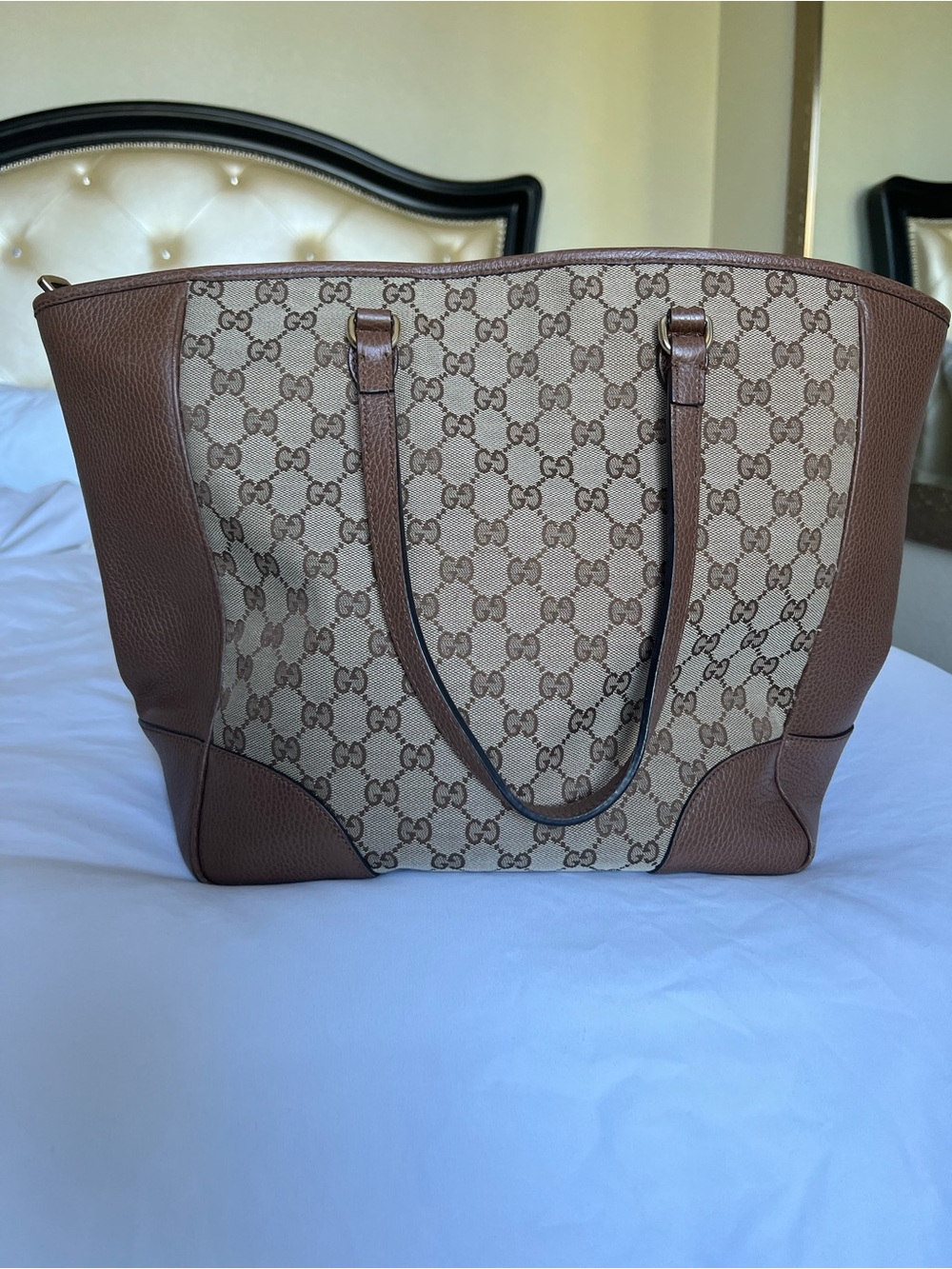 Gucci Beige GG Canvas and Brown Leather Tote